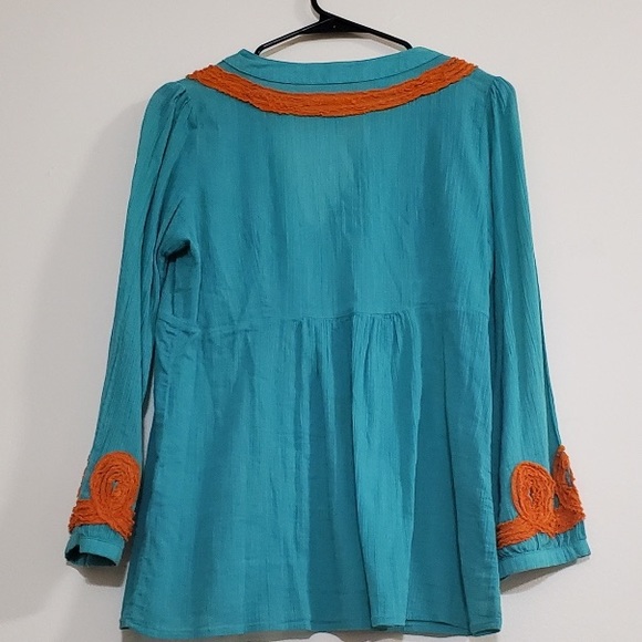 Lovely JoyJoy thin long sleeve teal with orange embroidery size S - Picture 4 of 4